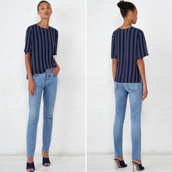 LA LIGNE Luxe Top Navy Blue White Striped Short Sleeve Blouse Size XS‎ Oversized - Picture 1 of 16